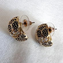 Vintage Gold Tone Rhinestone Stud Earrings – Oval Black & Crystal Accent
