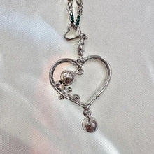 Vintage Heart Pendant Necklace / Green Rhinestone Necklace / Y2K Silver Necklace / Statement Heart Jewelry / Floral Charm Necklace
