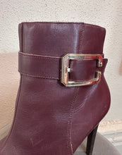 Vintage Burgundy Leather Buckle Ankle Boots – Stiletto Heel, Pre-Loved Statement Style