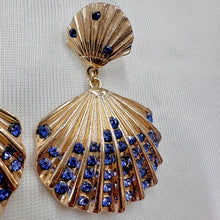 Vintage Gold Seashell Statement Earrings | Blue Rhinestone Shell Drop Earrings | Coastal Nautical Earrings | Ocean Inspired Jewellery