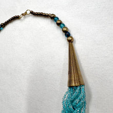 Vintage Turquoise Beaded Statement Necklace – Braided Aqua Glass, Gold-Tone Centre Pieces