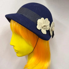 Vintage Navy Wool Felt Cloche Hat | Floral Appliqué, 1960s Style, Made England