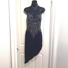 Vintage 1980s Beaded Fringe Dress | Midnight Blue Asymmetric Mock Neck Evening Gown