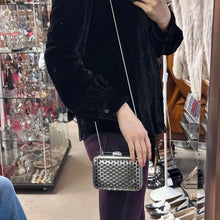 Witchery Black Silver Box Clutch Bag, Rhinestone Clasp Evening Purse, Metal Cage Chain Shoulder Bag, Y2K Party Handbag