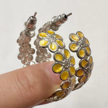 Vintage Silver Tone & Yellow Daisy Hoop Earrings | Floral Statement Earrings | Retro Flower Hoops