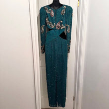 Vintage 80s Heavily Beaded Silk Gown Emerald Teal Sequin Cutout Prom Pageant Dress