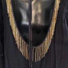 Black Pleated Open Back Tunic Dress, Gold Embellished Long Sleeve Mini Dress, Flared Sleeve Black Dress, Elegant Vintage Eveningwear