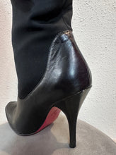 Black Stretch Panel High Heel Boots – Pointed Toe, Sleek Leather Look, Platform Stiletto Boots