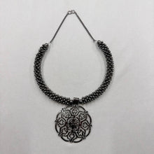 Vintage Gunmetal Mandala Choker Necklace | Boho Gothic Beaded Choker | Adjustable Statement Collar Necklace | Dark Silver Pendant Jewelry