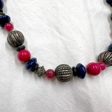 Vintage Red & Navy Beaded Necklace / Silver Tribal Beads / Short Statement Necklace / Bold Colour Jewelry