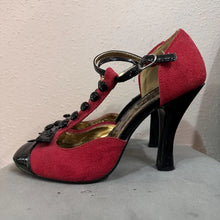 Red Suede Black Patent T-Strap Heels: Leopard Insole, Button Detail Pumps (Size 10)