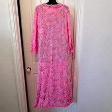 Vintage Pink Floral Sheer Housecoat Dressing Gown - Ruffled Collar Button Front Maxi Duster Robe