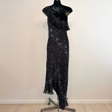 Vintage Black Beaded Sequin One Shoulder Maxi Dress, Silver Floral Embellished Evening Gown, Asymmetric Ruffle Hem, Statement Party Dress