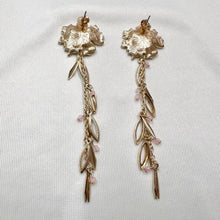 Vintage Gold Floral Drop Earrings with Pink Beads | Botanical Dangle Jewellery