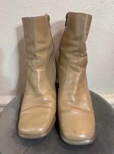 Vintage 90s Beige Leather Ankle Boots – Wooden Block Heel