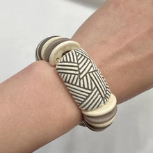 Vintage Tribal Elastic Statement Bracelet | Carved Ivory & Taupe Resin Beads | Boho Chunky Stretch Bracelet