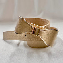 Beige Bow Belt / Vintage Inspired Faux Leather Ribbon Belt / Coquette Statement Waist Belt / Gold Tone Detail