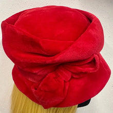 Vintage Red Velour Cloche Hat | Oversized Bow, Asymmetrical Brim, Plush Fabric (54cm)