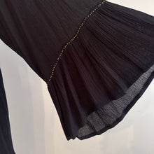 Black Pleated Open Back Tunic Dress, Gold Embellished Long Sleeve Mini Dress, Flared Sleeve Black Dress, Elegant Vintage Eveningwear