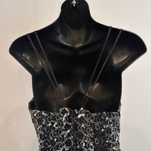 Angelucci Design Sequin Maxi Dress, Black Silver Mermaid Hem, Spaghetti Strap Evening Gown
