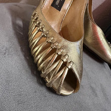 Vintage Gold Leather Peep Toe Heels Size EU 37 | Woven Detail Pumps Metallic Party Shoes Stiletto Heel