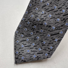 Vintage Black & Silver Silk Necktie with Blue Geometric Pattern Retro Tie