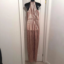 Bariano Rose Gold Sequin Halter Maxi Dress – Y2K Glam Open Back Formal Gown