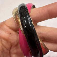 Vintage Triple Bangle Bracelet | Hot Pink, Black & Antique Gold Connected Bangles | Bold Y2K Statement Jewelry