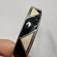 Vintage Black & Ivory Geometric Enamel Bangle | Silver Tone Statement Bracelet | Art Deco Style