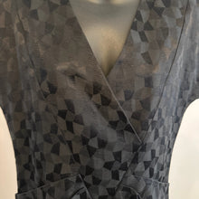 Vintage Black Geometric Jacquard Wrap Dress, V-Neck, Sleeveless, Architectural Style