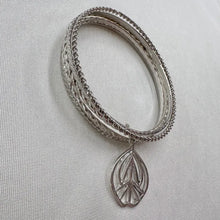 Vintage Silver Tone Leaf Charm Stacking Bangles | Botanical Boho Layering Bracelets | Nature Inspired Jewellery