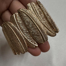Vintage Feather Motif Stretch Bracelet / Gold Tone Statement Cuff / Textured Retro Jewelry