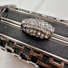 Witchery Black Silver Box Clutch Bag, Rhinestone Clasp Evening Purse, Metal Cage Chain Shoulder Bag, Y2K Party Handbag