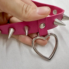 Vintage Pink Spiked Choker / Faux Leather Heart Choker / Punk Y2K Necklace / Harajuku Style / Statement Choker