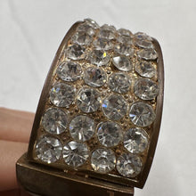 Vintage Rhinestone Metal Cuff Bangle / Wide Bronze Statement Bracelet / Glam Retro Jewelry