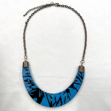 Vintage Blue Statement Necklace – Sculptural Crescent Resin Pendant with Abstract Black Pattern