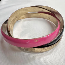 Vintage Triple Bangle Bracelet | Hot Pink, Black & Antique Gold Connected Bangles | Bold Y2K Statement Jewelry