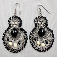 Statement Black & White Mosaic Earrings | Boho Teardrop Dangle Earrings | Silver Tone Beaded Drop Earrings