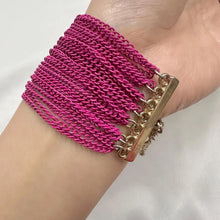Vintage Gold Tone Hot Pink Chain Fringe Bracelet | Statement Cuff, Adjustable Clasp