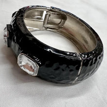 Vintage Black Enamel Hinged Bangle Bracelet | Faceted Crystal Statement Cuff | Glam Art Deco Style