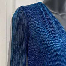 Vintage Electric Blue Metallic Pleated Mini Dress | 1980s Sheer Ruffle Party Cocktail Dress