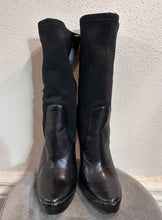 Black Stretch Panel High Heel Boots – Pointed Toe, Sleek Leather Look, Platform Stiletto Boots