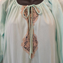 Vintage 1970s Vieling Mint Green Maxi Nightgown | Pleated All Nylon Sleepwear with Contrast Lace & Ruffle Hem | Size 12 Fits Small to Medium