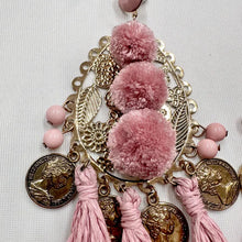 Vintage Pink Boho Statement Tassel Earrings | Oversized Coin Charm Drop Earrings | Festival Gypsy Chic