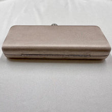 Vintage Champagne Satin Evening Clutch, Rhinestone Clasp, Chain Strap Shoulder Bag