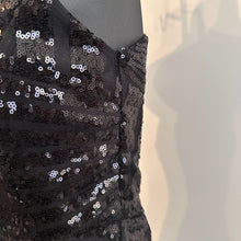 Black Sequin Halter Jumpsuit, Geometric Stripe Open Back Party Outfit (Size S)