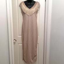 Vintage Metallic Rose Gold Fringe V-Neck Maxi Dress Size M Shimmer Column Slit