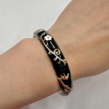 Vintage Black Enamel Floral Hinge Bangle | Gold-Tone Botanical Bracelet | Elegant Statement Jewelry