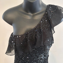 Vintage Black Beaded Sequin One Shoulder Maxi Dress, Silver Floral Embellished Evening Gown, Asymmetric Ruffle Hem, Statement Party Dress