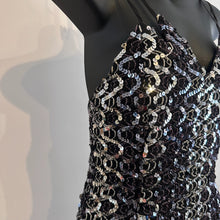 Angelucci Design Sequin Maxi Dress, Black Silver Mermaid Hem, Spaghetti Strap Evening Gown